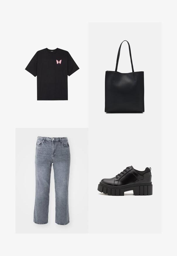 T-shirt en coton noir à manches courtes, avec un petit graphique de papillon rose sur la poitrine gauche. Modèle à col rond avec une coupe décontractée.; Jeans gris taille haute en denim, avec une coupe droite, deux poches avant et une poche arrière unique avec un léger dégradé.; Chaussures à plateforme en cuir noir avec un talon bloc épais, bout rond et un design traditionnel à lacets. Elles présentent une texture lisse et un détail minimal.; Sac fourre-tout en cuir noir avec une texture lisse, de forme rectangulaire et deux longues poignées. Pas de matériel ou d'ornementations visibles.