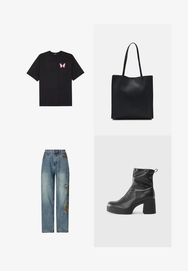 Black cotton t-shirt with short sleeves, featuring a small pink butterfly graphic on the left chest. Crew neck design with a relaxed fit.; Light blue denim jeans with a straight leg design, featuring colorful embroidered details on the left side and a traditional five-pocket style.; Black ankle boots made of smooth leather, featuring a side zipper, chunky textured heel, and rounded toe design.; Black leather tote bag with smooth texture, rectangular shape, and two long handles. No visible hardware or embellishments.