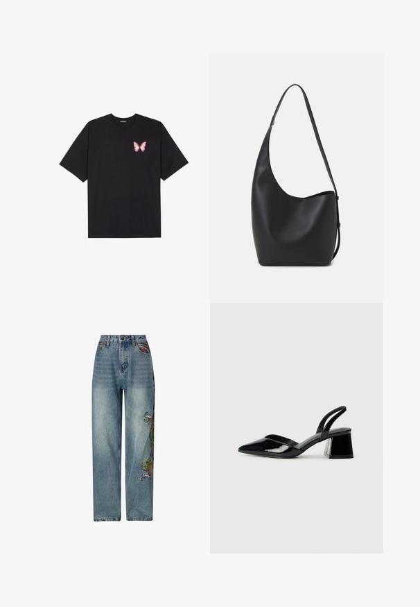 Zwarte katoenen t-shirt met korte mouwen, voorzien van een kleine roze vlinder graphic op de linkerkant van de borst. Crew neck ontwerp met een relaxte fit.; Lichtblauwe denim jeans met een rechte pijp, voorzien van kleurrijke geborduurde details aan de linkerkant en een traditionele vijf-pocket stijl.; Zwarte gepatineerde leren slingback hakken met een spitse neus en een geometrische blokhak. Kenmerkt zich door een slank, minimalistisch ontwerp en een gladde textuur.; Zwarte leren hobo tas met een gladde textuur, kromme vorm en een enkele verstelbare schouderband; heeft een brede opening aan de bovenkant.