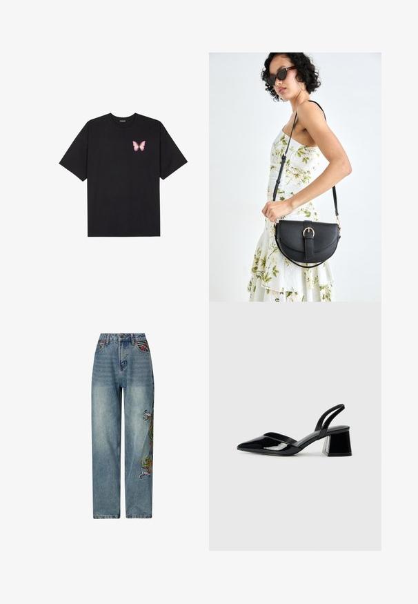 Black cotton t-shirt with short sleeves, featuring a small pink butterfly graphic on the left chest. Crew neck design with a relaxed fit.; Light blue denim jeans with a straight leg design, featuring colorful embroidered details on the left side and a traditional five-pocket style.; Black patent leather slingback heels with a pointed toe and a geometric block heel. Features a sleek, minimal design and smooth texture.; Black leather handbag with a curved shape, detachable strap, and gold hardware. The bag features a flap with a buckle detail.