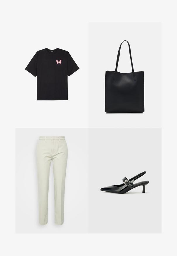 Black cotton t-shirt with short sleeves, featuring a small pink butterfly graphic on the left chest. Crew neck design with a relaxed fit.; Light beige straight-leg trousers made of cotton, featuring a flat front, belt loops, and no visible pockets or patterns.; Black patent leather slingback heels with a pointed toe and a small block heel, featuring a silver buckle accent on the strap.; Black leather tote bag with smooth texture, rectangular shape, and two long handles. No visible hardware or embellishments.