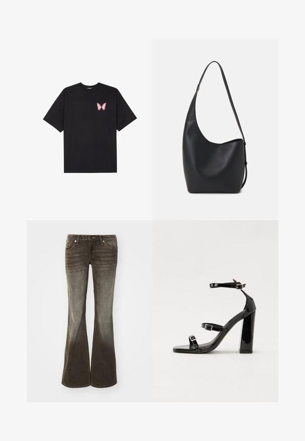 Black cotton t-shirt with short sleeves, featuring a small pink butterfly graphic on the left chest. Crew neck design with a relaxed fit.; Flared jeans in dark gray fabric with a faded finish. Features five pockets, front button closure, and subtle stitching details.; Black patent heeled sandals with a square toe, ankle straps, and silver buckles. Features a chunky block heel for stability.; Black leather hobo bag with a smooth texture, curved shape, and single adjustable strap; features a wide opening at the top.