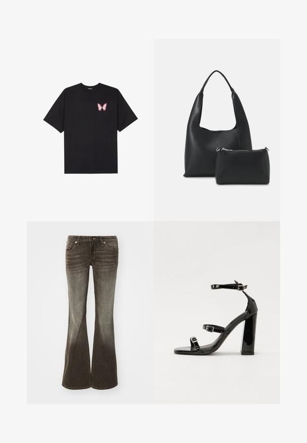 Czarny bawełniany t-shirt z krótkim rękawem, z małym różowym motylkiem na lewej piersi. Klasyczny dekolt z luźnym fasonem.; Rozszerzane dżinsy w ciemnoszarym kolorze z wyblakłym wykończeniem. Posiadają pięć kieszeni, zapięcie na guzik z przodu oraz subtelne detale w szyciu.; Czarne lakierowane sandały na obcasie z kwadratowym noskiem, z paskami wokół kostki i srebrnymi klamrami. Posiadają masywny słupek dla stabilności.; Even&Odd - Torebka