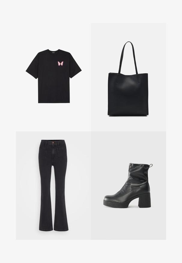 Sort bomulds T-shirt med korte ærmer, prydet med en lille pink sommerfugl grafik på venstre bryst. Rund hals design med en afslappet pasform.; GAP 70S TAYLORSON - Flared jeans - basic black; Sorte ankelstøvler lavet af glat læder, med en sidelukning, kraftig struktureret hæl og rundt tådesign.; Sort læder tote taske med glat tekstur, rektangulær form og to lange hanke. Ingen synlig hardware eller udsmykninger.