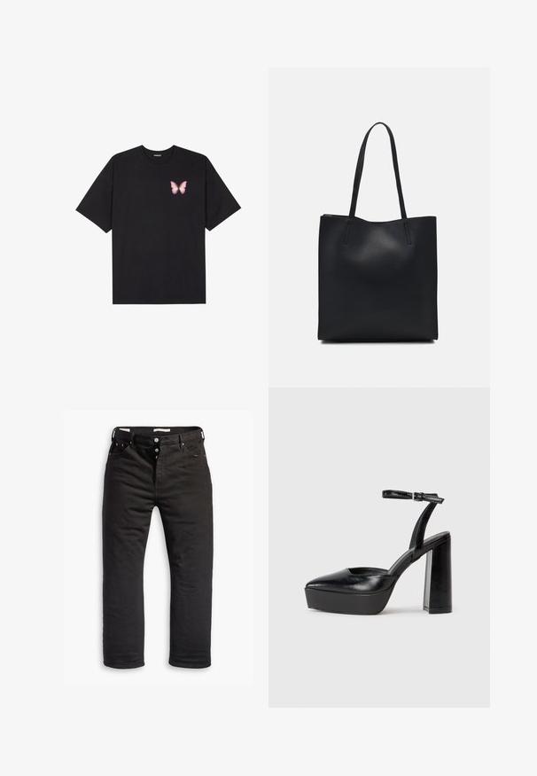 Svart bomulls T-skjorte med korte ermer, med en liten rosa sommerfugl grafikk på venstre bryst. Crew-neck design med en avslappet passform.; Sorte denim jeans med rett ben design, som har knappestolpe, fem lommer og subtil sømdetalj. Glatt tekstur.; Sorte plattformhelter med spiss tå og justerbar ankelrem. Laget av glatt lær, med en robust blokkhel.; Svart lær tote bag med glatt tekstur, rektangulær form og to lange håndtak. Ingen synlige deler eller dekorasjoner.