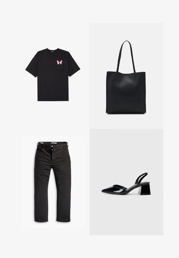 Camiseta de algodón negra de manga corta, con un pequeño gráfico de mariposa rosa en el lado izquierdo del pecho. Diseño de cuello redondo con un corte relajado.; Pantalones vaqueros de mezclilla negra con un diseño de pierna recta, que cuentan con un cierre de botón, cinco bolsillos y un sutil detalle de costura. Textura suave.; Zapatos de tacón slingback de charol negro con punta afilada y tacón geométrico en bloque. Presentan un diseño elegante y minimalista, así como una textura suave.; Bolso tote de cuero negro con textura lisa, forma rectangular y dos asas largas. Sin herrajes ni adornos visibles.