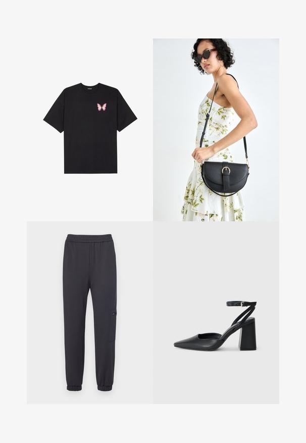 Must muströöpidega must puuvillane T-särk, vasakul rinnal on väike roosa liblikas. Ümar kaelus ja vabalt istuv lõige.; Tumedad hallid spordipüksid elastse vööosa, kitsenevate jalgade ja küljetaskuga, millel on tõmblukk. Pehme kangas ja soonikkäärid.; Mustmustest must-käigukingad, millel on konksuga nöör ja paks konts. Ühtlane tekstuur, stiilne disain ja minimalistlik esteetika.; Mustmust mustraha kõverate joontega, eemaldatava rihmaga ja kuldsete detailidega. Kotil on klapp, millel on pandladetail.