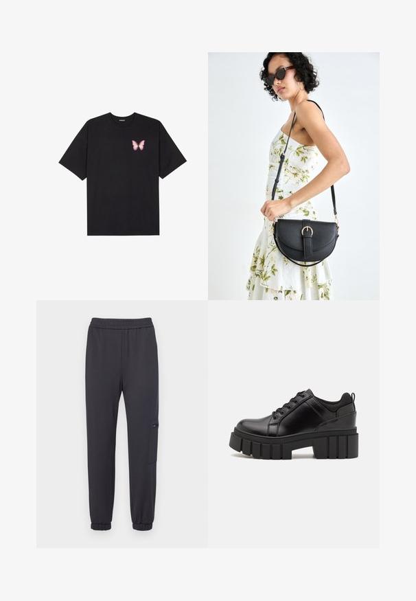 Camiseta de algodón negra de manga corta, con un pequeño gráfico de mariposa rosa en el lado izquierdo del pecho. Diseño de cuello redondo con un corte relajado.; Pantalones de chándal gris oscuro con una cinturilla elástica, piernas ajustadas y un bolsillo lateral con cierre de cremallera. Tejido suave y puños de canalé.; Zapatos de plataforma de cuero negro con un tacón cuadrado grueso, punta redonda y diseño tradicional de cordones. Presenta una textura suave y un detalle minimalista.; Bolso de piel negra con forma curva, correa desmontable y herrajes dorados. El bolso cuenta con una solapa con un detalle de hebilla.