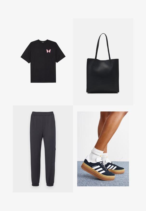 Must muströöpidega must puuvillane T-särk, vasakul rinnal on väike roosa liblikas. Ümar kaelus ja vabalt istuv lõige.; Tumedad hallid spordipüksid elastse vööosa, kitsenevate jalgade ja küljetaskuga, millel on tõmblukk. Pehme kangas ja soonikkäärid.; Mustad seemisnahast tossud valgete triipude ja detailidega, ümarate varbassosadega, kummist välistallaga, paaritatud valgete soonikuliste meessokkidega.; Mustast nahast kott sujuva tekstuuriga, ristkülikukujuline ja kahe pika sangaga. Pole nähtavat riistvara ega kaunistusi.