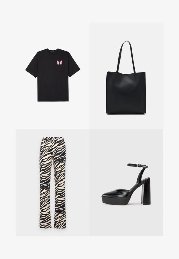 Black cotton t-shirt with short sleeves, featuring a small pink butterfly graphic on the left chest. Crew neck design with a relaxed fit.; Noisy May NMDESTINY FLARED PANTS - Trousers - black; Black platform heels with a pointed toe and adjustable ankle strap. Constructed from smooth leather, featuring a chunky block heel.; Black leather tote bag with smooth texture, rectangular shape, and two long handles. No visible hardware or embellishments.
