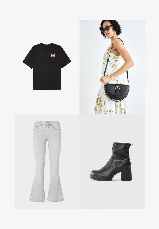 Melna kokvilnas T-krekls ar īsām piedurknēm, kuram priekšā kreisajā pusē ir neliels rozā tauriņa grafiskais attēls. Ar apaļu kaklu un brīvā stila piegriezumu.; Gaiši pelēki plati džinsi ar klasisku piecu kabatu dizainu, šaurs piegriezums augšstilbā un platām malām pie potītēm.; Melni potītes zābaki, kas izgatavoti no gludas ādas, ar sānu rāvējslēdzēju, masīvu strukturētu papēdi un noapaļotu purngalu.; Melnas ādas rokassoma ar izliekta formu, noņemamu siksnu un zelta aksesuāriem. Somai ir vāciņš ar sprādzes detaļu.