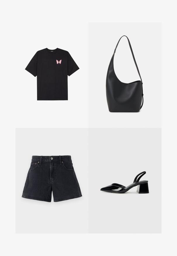 T-shirt en coton noir à manches courtes, avec un petit graphique de papillon rose sur la poitrine gauche. Modèle à col rond avec une coupe décontractée.; Shorts en denim noir avec une coupe classique, cinq poches, fermeture à bouton en métal et coutures ton sur ton. Le tissu a une finition légèrement texturée.; Escarpins en cuir verni noir avec bout pointu et talon bloc géométrique. Présente un design élégant et minimaliste ainsi qu'une texture lisse.; Sac hobo en cuir noir avec une texture lisse, une forme incurvée et une seule sangle réglable ; dispose d'une large ouverture en haut.