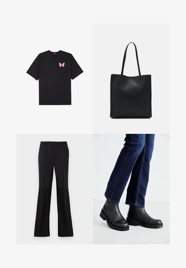 Zwarte katoenen t-shirt met korte mouwen, voorzien van een kleine roze vlinder graphic op de linkerkant van de borst. Crew neck ontwerp met een relaxte fit.; Zwarte flared broeken gemaakt van een soepele stof, met een platte voorkant, zijzakken en een klassieke tailleband met riemlussen.; Zwarte leren enkelboots met een dikke zool en zij-elastische panelen, gecombineerd met donkerblauwe jeans. De grond is lichtgekleurd.; Zwarte leren handtas met een gladde textuur, rechthoekige vorm en twee lange handvaten. Geen zichtbare hardware of versieringen.