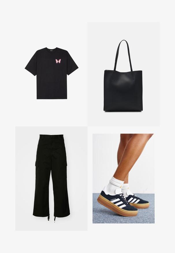 Fekete pamut póló rövid ujjakkal, bal mellkason egy kis rózsaszín pillangó grafikával. Kerek nyakú kialakítás, laza fazonnal.; Fekete cargo nadrág, pamutból készült, széles lábakkal, oldalsó zsebekkel és húzózsinóros szegélyekkel. A dizájn része egy gombos zárás a deréknál.; Fekete velúr sportcipő fehér csíkokkal és díszítésekkel, lekerekített orral, gumitalpú külső résszel, fehér bordázott bokazoknival párosítva.; Fekete bőrtáska sima felszínnel, téglalap alakú, két hosszú füllel. Nincs látható fémkiegészítő vagy díszítés.