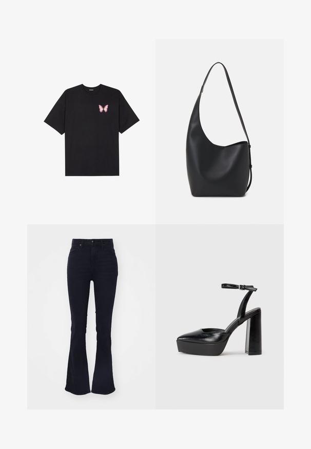 Black cotton t-shirt with short sleeves, featuring a small pink butterfly graphic on the left chest. Crew neck design with a relaxed fit.; Dark blue flared jeans with a high waist, made of denim, featuring classic five-pocket styling and a zip fly closure.; Black platform heels with a pointed toe and adjustable ankle strap. Constructed from smooth leather, featuring a chunky block heel.; Black leather hobo bag with a smooth texture, curved shape, and single adjustable strap; features a wide opening at the top.