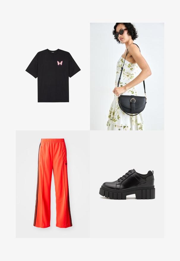 Fekete pamut póló rövid ujjakkal, bal mellkason egy kis rózsaszín pillangó grafikával. Kerek nyakú kialakítás, laza fazonnal.; Fényes narancssárga sportnadrág, széles lábakkal, fekete oldalcsíkkal és rugalmas derékkal. Tartalmaz egy cipzáras zsebet.; Fekete bőr platform cipők vaskos blokk sarkakkal, kerek orral és hagyományos fűzős kialakítással. Simára csiszolt felület és minimális részletezés jellemzi.; Fekete bőrtáska ívelt formával, levehető pánttal és arany színű fémrészekkel. A táskán egy csattal díszített fedél található.