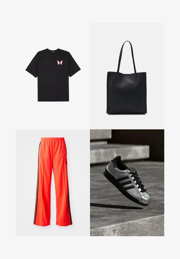 T-shirt de algodão preto com mangas curtas, apresentando um pequeno gráfico de borboleta rosa no lado esquerdo do peito. Design de gola redonda com um corte solto.; Calças desportivas laranja brilhante com um design de pernas largas, apresentando riscas laterais pretas e uma cintura elástica. Inclui um bolso com fecho.; Sapatilha prateada com sola de borracha preta, atacadores pretos e três riscas pretas. Apresenta um acabamento metálico e design clássico com biqueira reforçada.; Bolsa tote preta em couro com textura lisa, forma retangular e duas alças longas. Sem hardware ou enfeites visíveis.