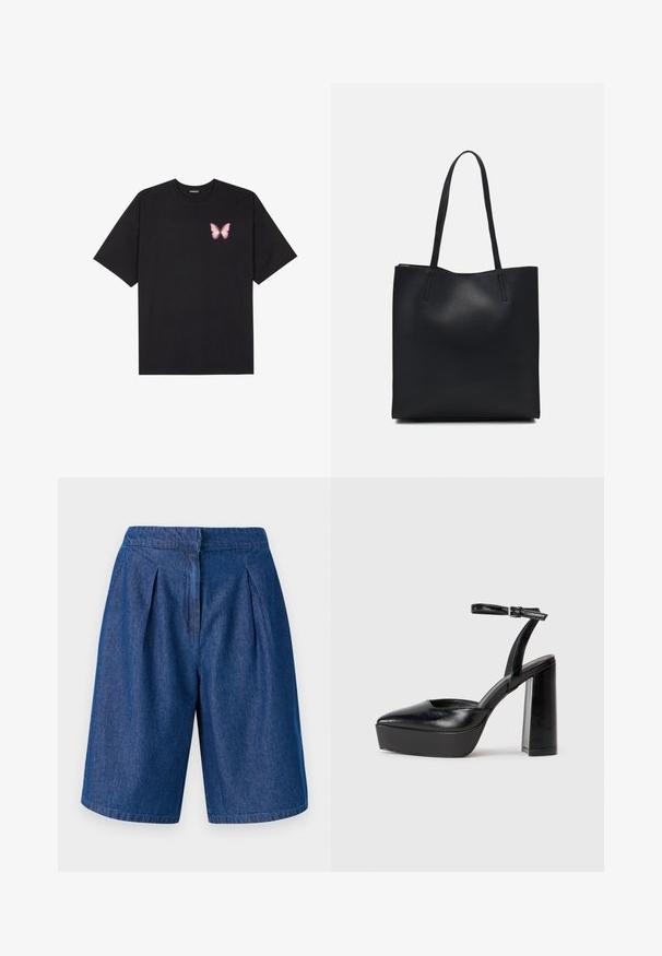 Juodas medvilnės marškinėliai trumpomis rankovėmis, su maža rožine drugelio grafika kairėje krūtinės pusėje. Apvalus kaklo iškirpimas, laisvas kirpimas.; Tamsiai mėlyni džinsiniai šortai su klostuotu dizainu, turintys juosmenį, tiesų kirpimą ir apdorotus kraštus. Lygus paviršius, laisvas siluetas.; Juodi platforminiai aukšti kulniukai su smailiu kojų pirštu ir reguliuojamu kulkšnies dirželiu. Pagaminti iš lygaus odos, turi masyvų blokinį kulną.; Juodas odinis tote krepšys su lygia tekstūra, stačiakampio formos ir dviem ilgais rankenomis. Matomų metalinių detalių ar puošybos nėra.