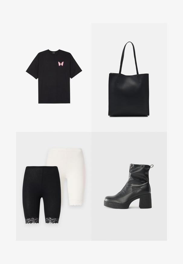 Tricou negru din bumbac cu mâneci scurte, având pe partea stângă a pieptului un mic grafic cu un fluture roz. Design cu guler rotund și croială lejeră.; Șorturi lungi alb-negru cu detalii din dantelă la margini. Perechea neagră are un model de dantelă florală, în timp ce perechea albă are margini solide.; Bocanci negri de glezna din piele netedă, cu fermoar lateral, toc texturat și masiv, și design cu vârf rotund.; Geantă tote neagră din piele, cu textură netedă, formă rectangulară și două mânere lungi. Fără hardware vizibil sau ornamente.