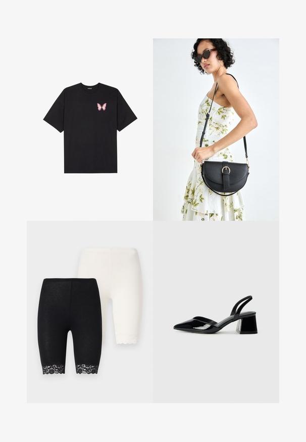 Črna bombažna majica s kratkimi rokavi, ki ima majhen roza metuljček na levi strani prsnega dela. Majica s krožnim ovratnikom in sproščenim krojem.; Črno-bela raztegljiva kratka hlače z čipkastim okrasom na robovih. Črne hlače imajo cvetlični čipkast vzor, medtem ko bele hlače imajo enobarvni rob.; Črne lakirane slingback pete s koničastim nosom in geometrijsko blokasto peto. Imajo eleganten, minimalističen dizajn in gladko teksturo.; Črna usnjena torbica s ukrivljeno obliko, z odstranljivo naramnico in zlatimi dodatki. Torbica ima pokrov s podrobnostmi v obliki zaponke.