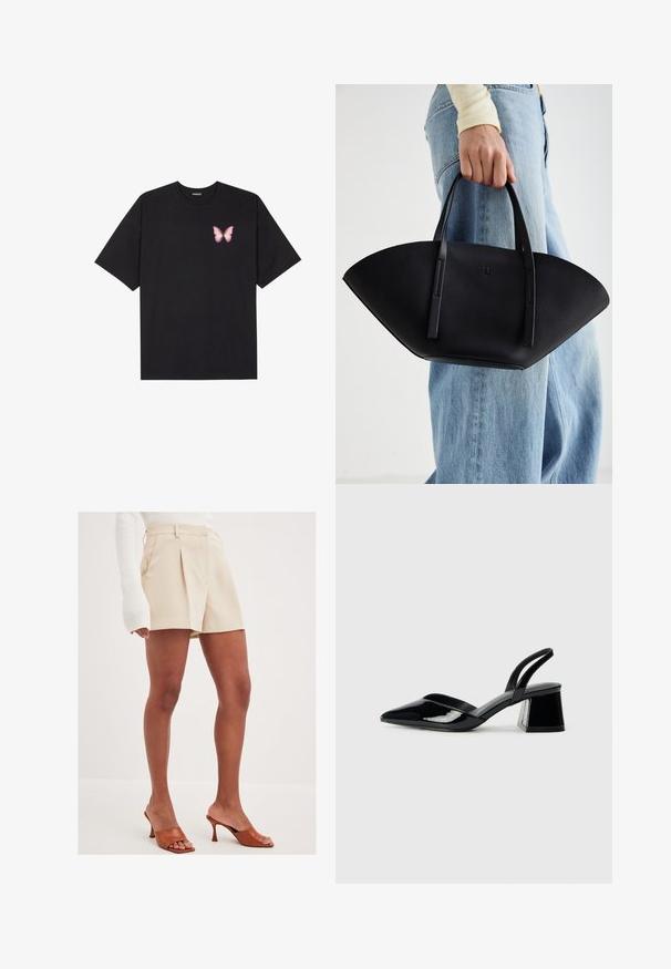 T-shirt nera in cotone con maniche corte, caratterizzata da una piccola grafica di una farfalla rosa sul lato sinistro del petto. Design a girocollo con una vestibilità rilassata.; Pantaloni corti beige su misura con pieghe e tasche laterali, realizzati in materiale leggero. Abbinati a sandali con tacco aperto marroni.; Décolleté in vernice nera con punta affusolata e tacco in geometria cubica. Presentano un design elegante e minimalista, con una texture liscia.; Borsa a tracolla in pelle nera con una forma a ventaglio unica, dotata di manici piatti. La superficie presenta una texture a ciottoli e un design minimalista.