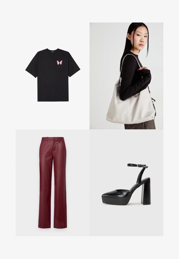 Svart bomulls T-skjorte med korte ermer, med en liten rosa sommerfugl grafikk på venstre bryst. Crew-neck design med en avslappet passform.; Burgunderfargede skinnbukser med rett kutt, flat front og beltehemper. Glatt tekstur med en blank overflate. Ingen synlig maskinvare eller mønstre.; Sorte plattformhelter med spiss tå og justerbar ankelrem. Laget av glatt lær, med en robust blokkhel.; Beige håndveske laget av mykt materiale, med en slapp design, sydd detaljer og to skulderstropper. Passer for daglig bruk.