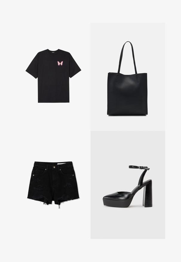 Musta puuvillapaita lyhyillä hihoilla, jossa on pieni vaaleanpunainen perhosgrafiikka vasemmassa rinnassa. Pyöreä kaula-aukko ja rento istuvuus.; Mustat farkkushortsit, joissa on rispaantunut helma, kulutustyylisiä yksityiskohtia, viisi taskua ja hopeiset napit.; Mustat korkeat platform-kengät, joissa on terävä kärki ja säädettävä nilkkaremmi. Valmistettu sileästä nahasta ja varustettu paksulla lohkokorkeudella.; Mustapahkainen kangaskassi, jossa on sileä pinta, suorakaiteen muotoinen ja kaksi pitkää kahvaa. Ei näkyvää metalliosaa tai koristeita.