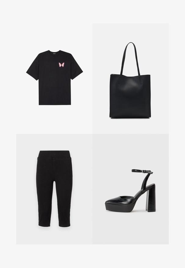 Juodas medvilnės marškinėliai trumpomis rankovėmis, su maža rožine drugelio grafika kairėje krūtinės pusėje. Apvalus kaklo iškirpimas, laisvas kirpimas.; Juodi aptempti džinsai su elastinga juosta, pasižymintys lygiu paviršiumi ir suktuvu. Sukurta patogumui ir laisvam judėjimui.; Juodi platforminiai aukšti kulniukai su smailiu kojų pirštu ir reguliuojamu kulkšnies dirželiu. Pagaminti iš lygaus odos, turi masyvų blokinį kulną.; Juodas odinis tote krepšys su lygia tekstūra, stačiakampio formos ir dviem ilgais rankenomis. Matomų metalinių detalių ar puošybos nėra.