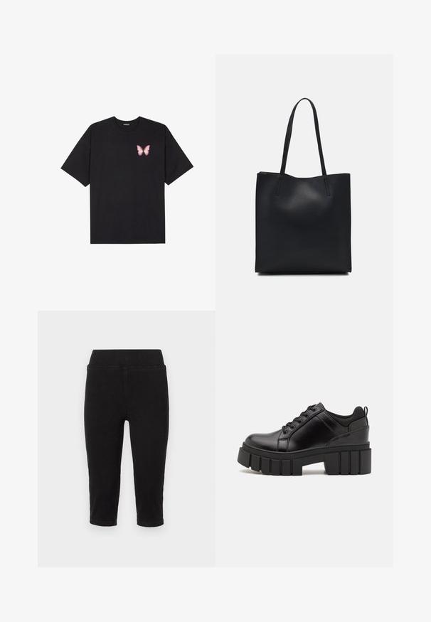 Juodas medvilnės marškinėliai trumpomis rankovėmis, su maža rožine drugelio grafika kairėje krūtinės pusėje. Apvalus kaklo iškirpimas, laisvas kirpimas.; Juodi aptempti džinsai su elastinga juosta, pasižymintys lygiu paviršiumi ir suktuvu. Sukurta patogumui ir laisvam judėjimui.; Juodi odiniai platformos batai su masyviu blokuota kulniuku, apvalia nosimi ir tradiciniu šnypštimo dizainu. Turintys glotnų paviršių ir minimalų dekoravimą.; Juodas odinis tote krepšys su lygia tekstūra, stačiakampio formos ir dviem ilgais rankenomis. Matomų metalinių detalių ar puošybos nėra.