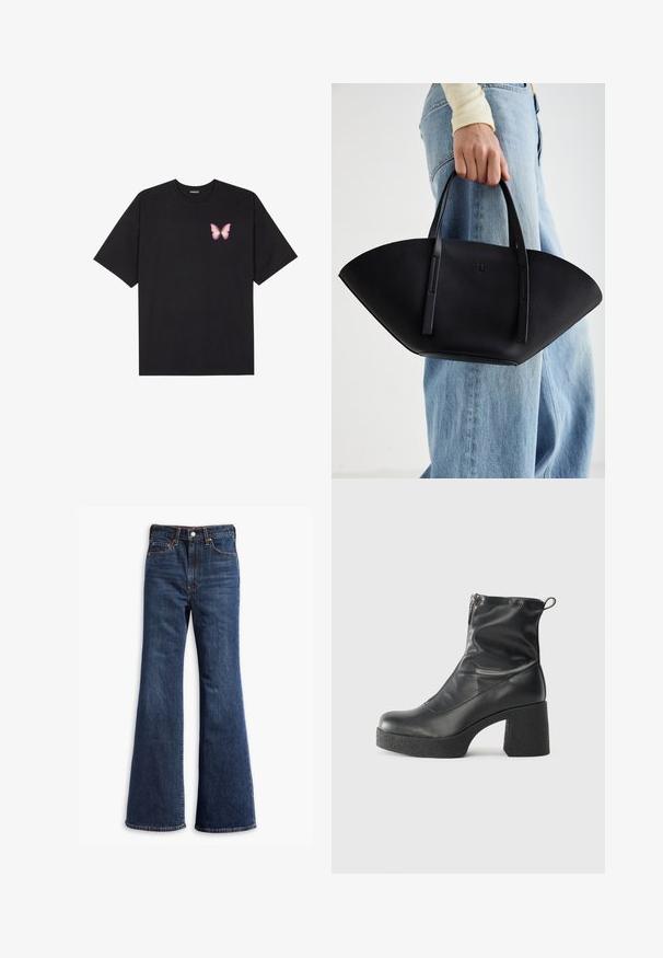 T-shirt de algodão preto com mangas curtas, apresentando um pequeno gráfico de borboleta rosa no lado esquerdo do peito. Design de gola redonda com um corte solto.; Jeans de ganga escura de cintura alta com pernas largas, fecho de botão e zipper na frente, e design de cinco bolsos.; Botas de tornozelo pretas feitas de couro liso, com fecho lateral, salto grosso texturizado e design de bico arredondado.; Bolsa de mão em couro preto com uma forma única em leque, apresentando alças planas. A superfície tem uma textura pebble e um design minimalista.