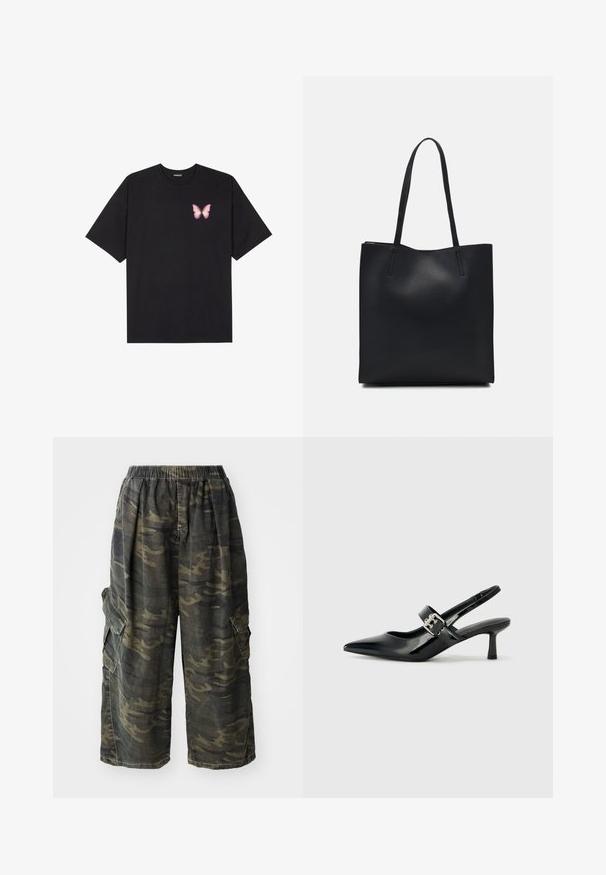 Svart bomulls T-skjorte med korte ermer, med en liten rosa sommerfugl grafikk på venstre bryst. Crew-neck design med en avslappet passform.; Cargo bukser i camouflage mønster, lavet af bomuldsblanding. Har en elastisk talje og sidelommer med klaplukninger.; Svarte patent lær slingback hæler med spiss tå og en liten blokkheel, med en sølvspenne som detalj på stroppen.; Svart lær tote bag med glatt tekstur, rektangulær form og to lange håndtak. Ingen synlige deler eller dekorasjoner.