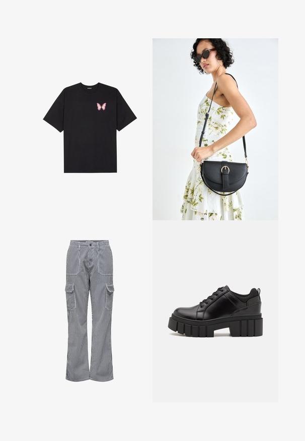 Melna kokvilnas T-krekls ar īsām piedurknēm, kuram priekšā kreisajā pusē ir neliels rozā tauriņa grafiskais attēls. Ar apaļu kaklu un brīvā stila piegriezumu.; Kokvilnas maisījuma kravas bikses ar vertikālām zilām un baltām svītrām. Iespējots divas priekšējās kabatas un divas sānu kravas kabatas. Brīvs piegriezums.; Melnas ādas platformas kurpes ar masīvu bloku papēdi, apaļu purngalu un tradicionālu saistīšanas dizainu. Izceļas ar gludu tekstūru un minimālu apdari.; Melnas ādas rokassoma ar izliekta formu, noņemamu siksnu un zelta aksesuāriem. Somai ir vāciņš ar sprādzes detaļu.