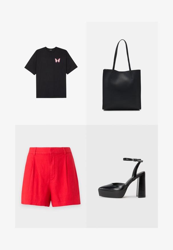 Black cotton t-shirt with short sleeves, featuring a small pink butterfly graphic on the left chest. Crew neck design with a relaxed fit.; Red linen shorts with a tailored design, featuring pleats, a smooth texture, and a mid-rise waistband.; Black platform heels with a pointed toe and adjustable ankle strap. Constructed from smooth leather, featuring a chunky block heel.; Black leather tote bag with smooth texture, rectangular shape, and two long handles. No visible hardware or embellishments.