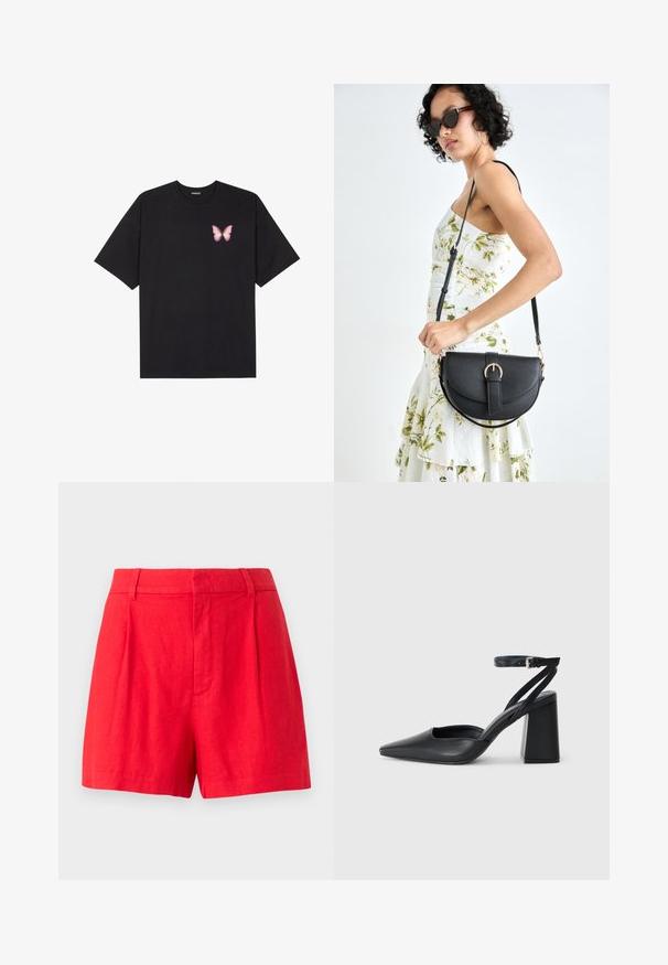 Crna pamučna majica s kratkim rukavima, s malim grafičkim prikazom ružičaste vjetricaste s desne strane na prsima. Dizajn s okruglim izrezom i opuštenim krojem.; Crvene lanene kratke hlače s krojem, koje se ističu nabranim detaljima, glatkom teksturom i pojasom srednje visine.; Crne kožne cipele s špicastim vrhom, remenom oko gležnja i debelim potplatom. Ravna tekstura, elegantan dizajn i minimalistička estetika.; Crna kožna torba s lukovitim oblikom, odvojivim remenom i zlatnim detaljima. Torba ima preklop s kopčom.