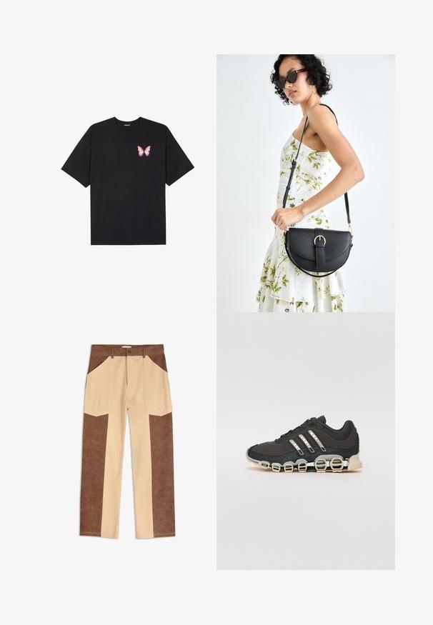 Musta puuvillapaita lyhyillä hihoilla, jossa on pieni vaaleanpunainen perhosgrafiikka vasemmassa rinnassa. Pyöreä kaula-aukko ja rento istuvuus.; Ruskeat ja vaaleanbeiget cargo-housut sivupatch-taskuilla, joissa on teksturoitua ruskeaa kangasta sivuilla ja sileä vaaleanbeige keskiosa.; Musta urheilujalkine, jossa on teksturoitu päällinen, kolme hopeista raitaa ja erottuva vaimennustuli, jonka rakenne koostuu useista integroituista osista.; Musta nahkainen käsilaukku, joka on kaareva muotoilultaan, irrotettavalla hihnalla ja kultaisilla yksityiskohdilla. Laukussa on läppä, jossa on solk yksityiskohta.