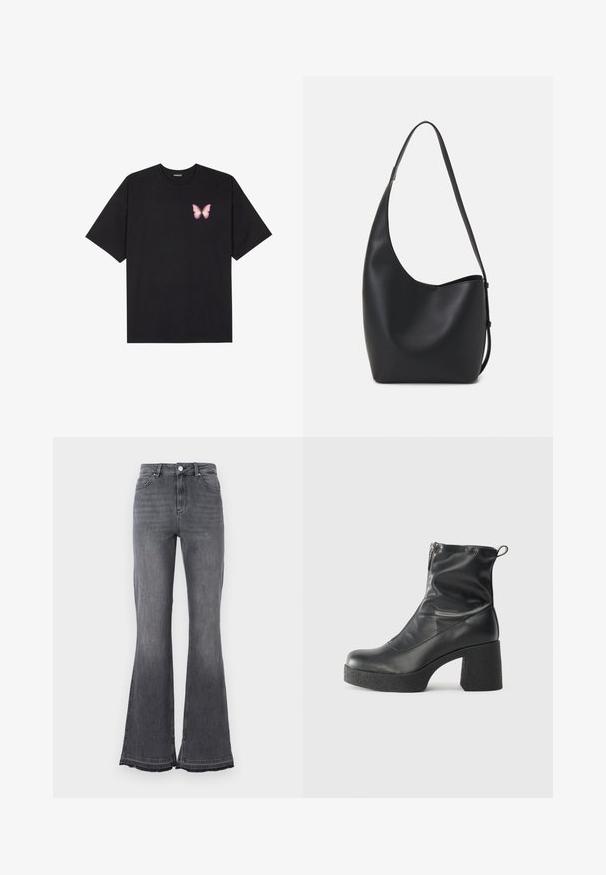 Tricou negru din bumbac cu mâneci scurte, având pe partea stângă a pieptului un mic grafic cu un fluture roz. Design cu guler rotund și croială lejeră.; Jeans cu talie înaltă și evazate, din denim negru decolorat. Prezintă închidere cu nasture, design cu cinci buzunare și detalii cu tiv destrămat.; Bocanci negri de glezna din piele netedă, cu fermoar lateral, toc texturat și masiv, și design cu vârf rotund.; Geantă hobo din piele neagră, cu o textură netedă, formă curbată și un singur bretele ajustabil; are o deschidere largă în partea de sus.