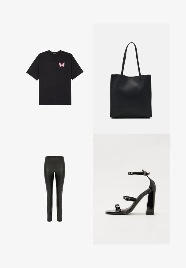 Schwarzes Baumwoll-T-Shirt mit kurzen Ärmeln, das ein kleines pinkes Schmetterlingsmotiv auf der linken Brust zeigt. Crewneck-Design mit einem entspannten Schnitt.; PEPPERCORN LINETTE - Leggings - Hosen - black; Schwarze patentierte Sandalen mit Absatz, quadratischer Spitze, Knöchelriemen und silbernen Schnallen. Mit einem stabilen Blockabsatz für mehr Stabilität.; Schwarze Laptoptasche aus Leder mit glatter Textur, rechteckiger Form und zwei langen Griffen. Keine sichtbaren Beschläge oder Verzierungen.