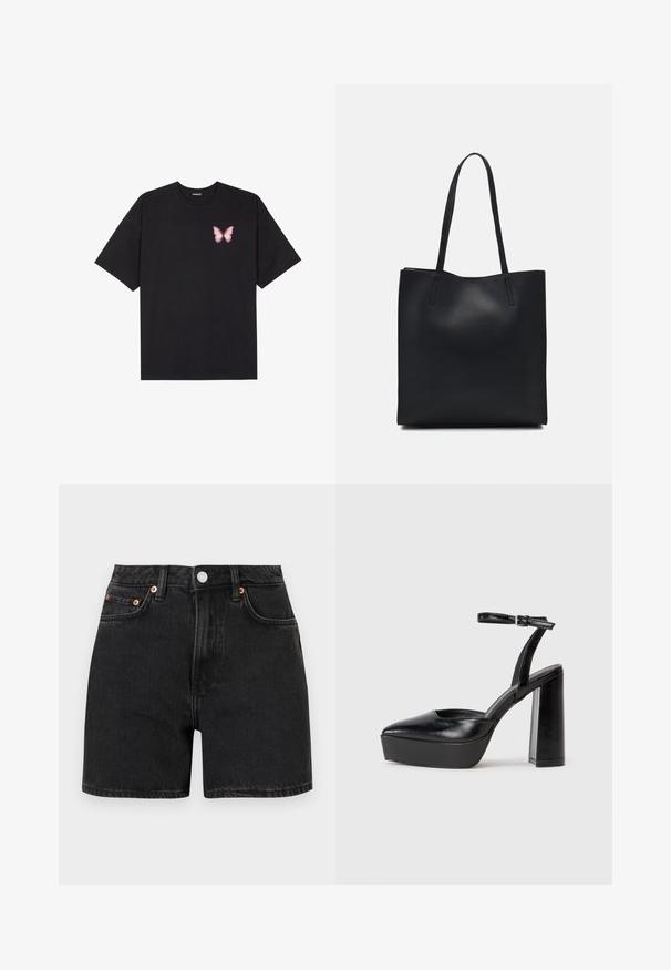 Camiseta de algodón negra de manga corta, con un pequeño gráfico de mariposa rosa en el lado izquierdo del pecho. Diseño de cuello redondo con un corte relajado.; Pantalones cortos de mezclilla negros con cintura alta, con detalles de botones de cobre y diseño de cinco bolsillos. Textura suave, corte recto y dobladillos vueltos.; Zapatos de tacón negro con punta afilada y correa ajustable en el tobillo. Confeccionados en cuero suave, presentan un tacón grueso.; Bolso tote de cuero negro con textura lisa, forma rectangular y dos asas largas. Sin herrajes ni adornos visibles.