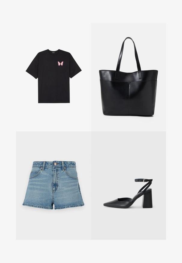 Schwarzes Baumwoll-T-Shirt mit kurzen Ärmeln, das ein kleines pinkes Schmetterlingsmotiv auf der linken Brust zeigt. Crewneck-Design mit einem entspannten Schnitt.; Helle blaue Denim-Shorts mit hohem Bund, fransigem Saum, kontrastierenden Nähten und Fronttaschen. Enthält einen Metallknopf und ein Markenetikett.; Schwarze Leder-Pumps mit spitzer Zehe, einem Knöchelriemen und einem blockigen Absatz. Flache Textur, elegantes Design und minimalistische Ästhetik.; Schwarze Leder-Shopper-Tasche mit zwei langen Griffen, einer glatten Textur und einer strukturierten Form. Verfügt über eine Vordertasche für zusätzlichen Stauraum.