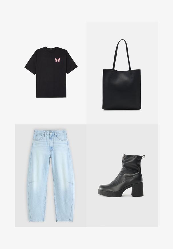 Black cotton t-shirt with short sleeves, featuring a small pink butterfly graphic on the left chest. Crew neck design with a relaxed fit.; Light blue denim jeans with a relaxed fit, featuring a high waist, five-pocket design, and subtle fading with frayed hem details.; Black ankle boots made of smooth leather, featuring a side zipper, chunky textured heel, and rounded toe design.; Black leather tote bag with smooth texture, rectangular shape, and two long handles. No visible hardware or embellishments.