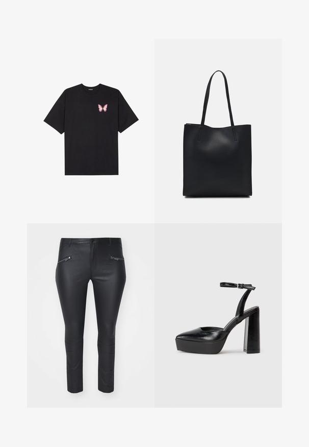 Svart bomullströja med korta ärmar, med en liten rosa fjärilsgrafik på vänster bröst. Rundad halsdesign med en avslappnad passform.; Svarta läderliknande byxor med slim fit, dragkedjefickor framtill och tunna horisontella sömmar nära anklarna. Slät textur genom hela byxorna.; Svarta plattformsskor med spetsig tå och justerbart vristband. Tillverkade av mjukt läder, med en kraftig blockklack.; Svart lädertoffelväska med slät textur, rektangulär form och två långa handtag. Ingen synlig hårdvara eller dekorationer.
