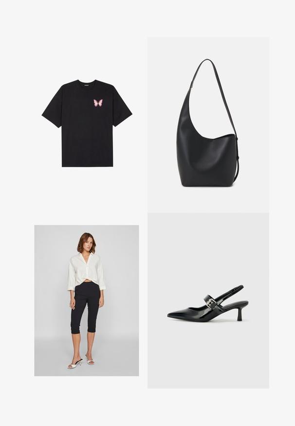 Black cotton t-shirt with short sleeves, featuring a small pink butterfly graphic on the left chest. Crew neck design with a relaxed fit.; White, button-up, cropped shirt with three-quarter sleeves; worn with black, fitted capri pants and white open-toe heels.; Black patent leather slingback heels with a pointed toe and a small block heel, featuring a silver buckle accent on the strap.; Black leather hobo bag with a smooth texture, curved shape, and single adjustable strap; features a wide opening at the top.