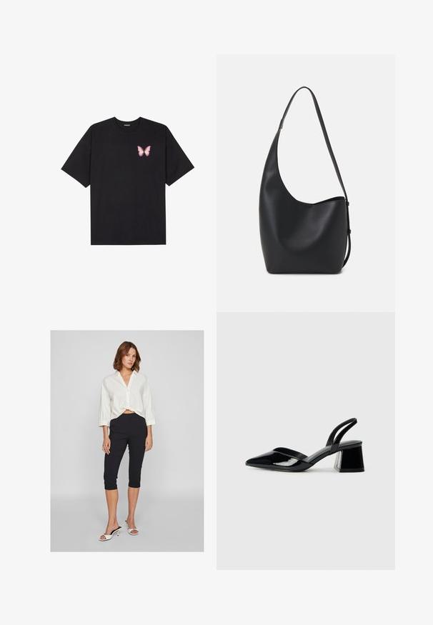 T-shirt de algodão preto com mangas curtas, apresentando um pequeno gráfico de borboleta rosa no lado esquerdo do peito. Design de gola redonda com um corte solto.; Camisa branca, com botões, cropped e de mangas três quartos; usada com calças capri pretas e ajustadas e sandálias de salto abertas brancas.; Sandy em verniz preto com salto slingback, ponta afilada e salto geométrico. Apresenta um design elegante e minimalista com textura suave.; Saco hobo preto em pele com uma textura lisa, forma curva e uma única alça ajustável; apresenta uma abertura larga na parte de cima.