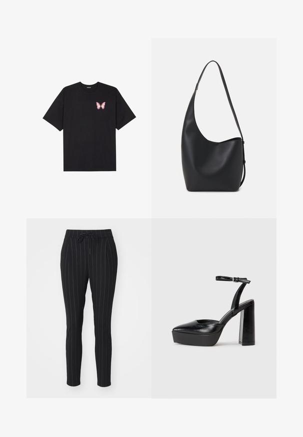 Sort bomulds T-shirt med korte ærmer, prydet med en lille pink sommerfugl grafik på venstre bryst. Rund hals design med en afslappet pasform.; Sorte bukser med lodrette hvide striber, lavet af et blødt materiale, med elastisk talje og tætsiddende ben.; Sorte platformhæle med spidse tæer og justerbar ankelrem. Construeret i glat læder, med en kraftig blokhæl.; Sort læder hobo taske med en glat overflade, buet form og en enkelt justerbar rem; har en bred åbning øverst.