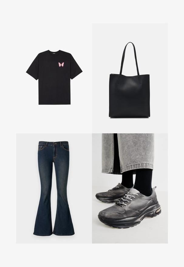 Črna bombažna majica s kratkimi rokavi, ki ima majhen roza metuljček na levi strani prsnega dela. Majica s krožnim ovratnikom in sproščenim krojem.; Temno modri široki kavbojki z gladko površino, ki vključujejo sprednje žepke, gumbasto zapiranje in kontrastno oranžno šivanje ob šivih.; Črne in sive športne čevlje imajo mrežast zgornji del, debele podplate in vezalke. Imajo zaobljen nos in opazne podrobnosti oblazinjenja.; Črna usnjena torba s svilnato teksturo, pravokotne oblike in dvema dolgima ročajema. Brez vidnih metalnih delov ali okrasnih elementov.