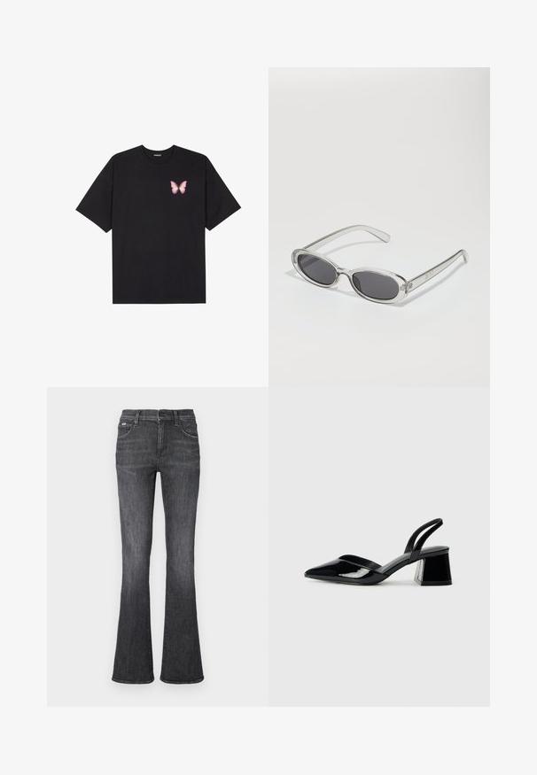 Zwarte katoenen t-shirt met korte mouwen, voorzien van een kleine roze vlinder graphic op de linkerkant van de borst. Crew neck ontwerp met een relaxte fit.; Flared jeans in donkergrijze denim met een zachte textuur, vijf-pocket ontwerp en een knoopsluiting bij de taille.; Zwarte gepatineerde leren slingback hakken met een spitse neus en een geometrische blokhak. Kenmerkt zich door een slank, minimalistisch ontwerp en een gladde textuur.; Zonnebril met een ovale vorm, helder plastic montuur, donkergrijze glazen en dunne transparante pootjes met logo-accenten en minimale details.; Zwarte leren handtas met een gebogen vorm, afneembare schouderband en gouden hardware. De tas heeft een klep met een gespsluiting.