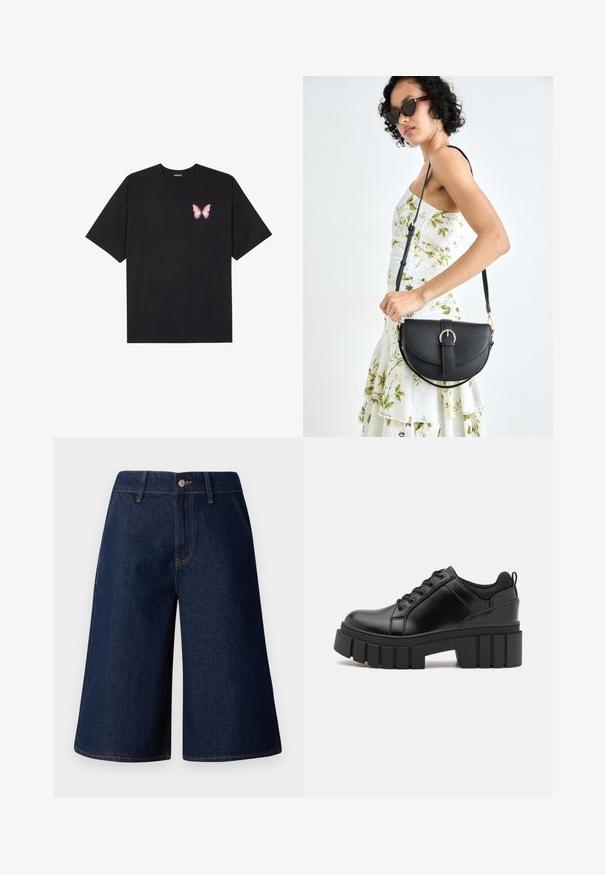Black cotton t-shirt with short sleeves, featuring a small pink butterfly graphic on the left chest. Crew neck design with a relaxed fit.; Denim culottes in dark blue with a loose fit. Features front pockets, a button closure, and contrasting yellow stitching along the seams.; Black leather platform shoes with a chunky block heel, round toe, and traditional lace-up design. Features smooth texture and minimal detailing.; Black leather handbag with a curved shape, detachable strap, and gold hardware. The bag features a flap with a buckle detail.