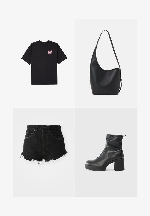 Svart bomulls T-skjorte med korte ermer, med en liten rosa sommerfugl grafikk på venstre bryst. Crew-neck design med en avslappet passform.; Sorte denimshorts med frayed kant, klassisk fem-lomme-design og metallknap-lukning. Har høj talje og slidte tekstur.; Svarte ankelstøvler laget av glatt lær, med glidelås på siden, chunky strukturert hæl, og rund tå-design.; Svart lær hobo-veske med glatt tekstur, buet form og enkelt justerbart stropp; har en bred åpning på toppen.