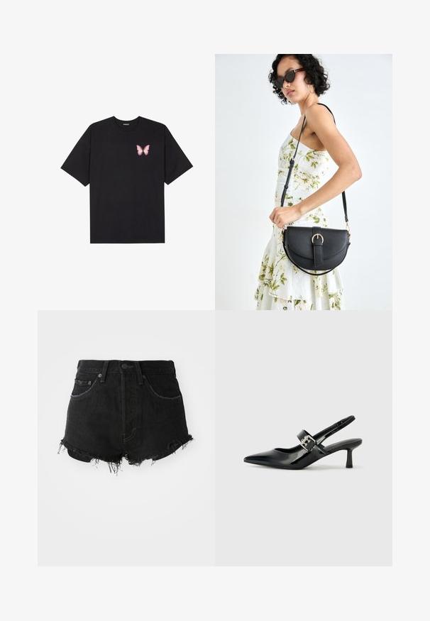 Black cotton t-shirt with short sleeves, featuring a small pink butterfly graphic on the left chest. Crew neck design with a relaxed fit.; Black denim shorts with a frayed hem, classic five-pocket design, and metal button closure. Features a high waist and distressed texture.; Black patent leather slingback heels with a pointed toe and a small block heel, featuring a silver buckle accent on the strap.; Black leather handbag with a curved shape, detachable strap, and gold hardware. The bag features a flap with a buckle detail.