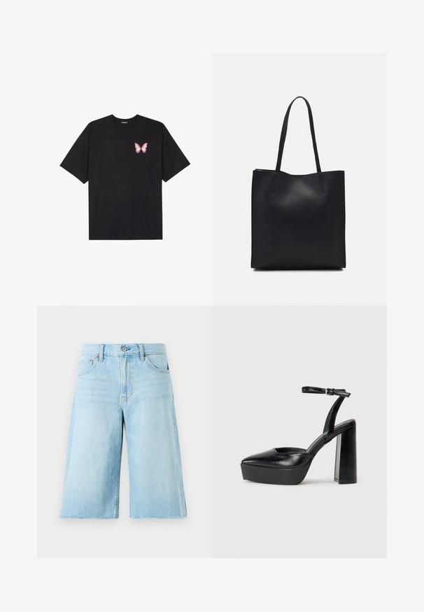 Svart bomullströja med korta ärmar, med en liten rosa fjärilsgrafik på vänster bröst. Rundad halsdesign med en avslappnad passform.; Ljusblå denimshorts med lös passform, fransad nederkant, fem fickor och metallbeslag. Klassisk jeansdesign med subtil blekning.; Svarta plattformsskor med spetsig tå och justerbart vristband. Tillverkade av mjukt läder, med en kraftig blockklack.; Svart lädertoffelväska med slät textur, rektangulär form och två långa handtag. Ingen synlig hårdvara eller dekorationer.